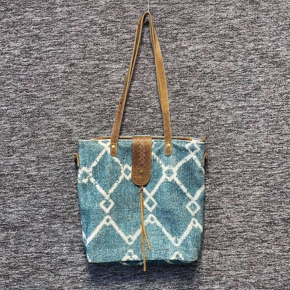 Myra Bag Canvas Leather Tote Handbag Shoulder Geometric Western Boho Blue Cream